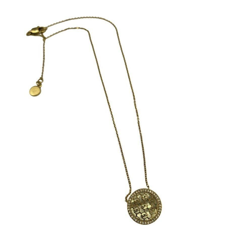 Michael Kors Gold Tone Pave Monogram Mother of Pearl Necklace